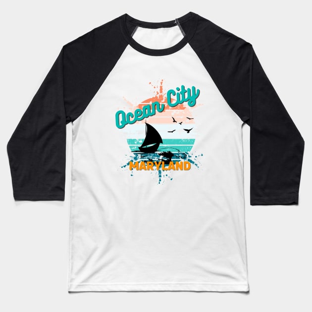 Ocean City Maryland Retro Vintage Exploding Sunset Baseball T-Shirt by AdrianaHolmesArt